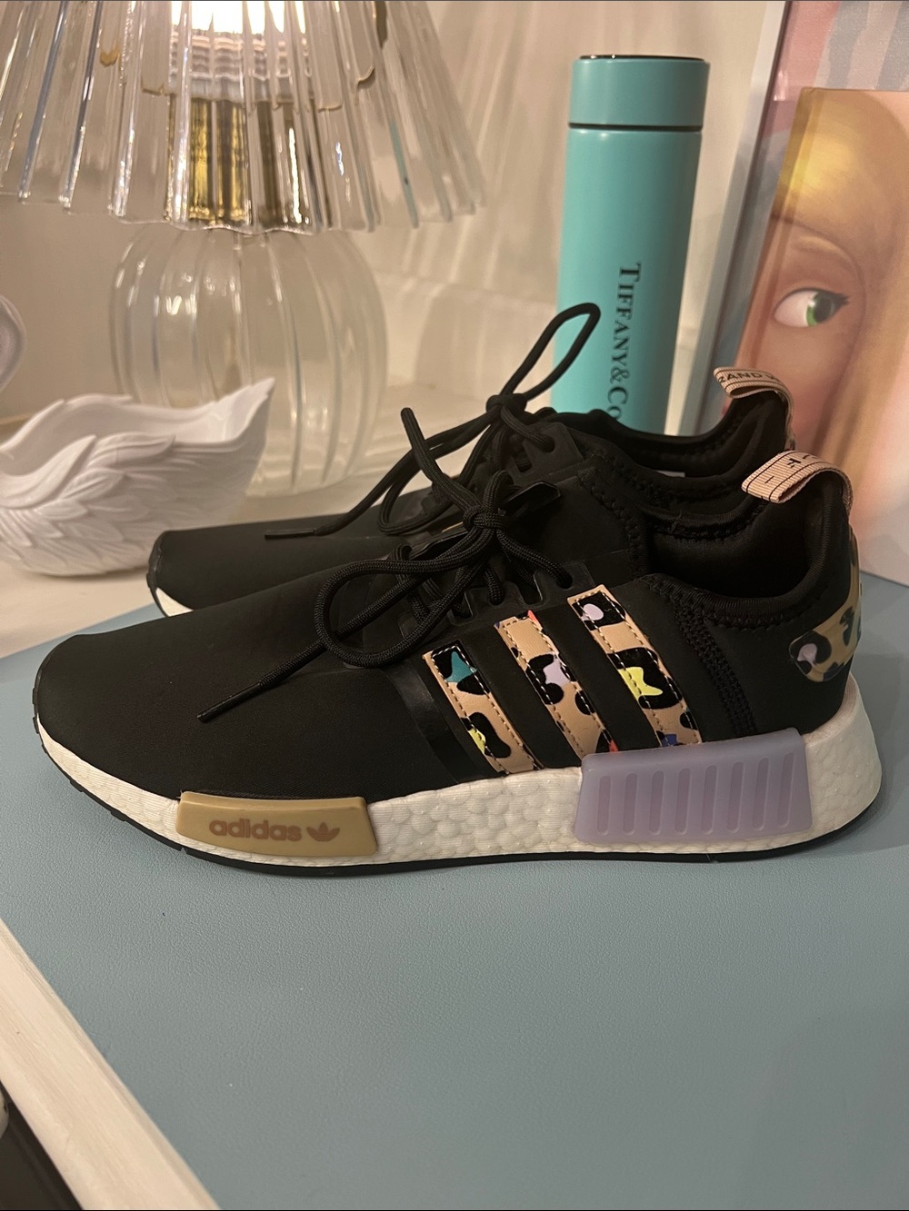 adidas Women’s Black Sneakers with Pastel Leopard-Print Stripes